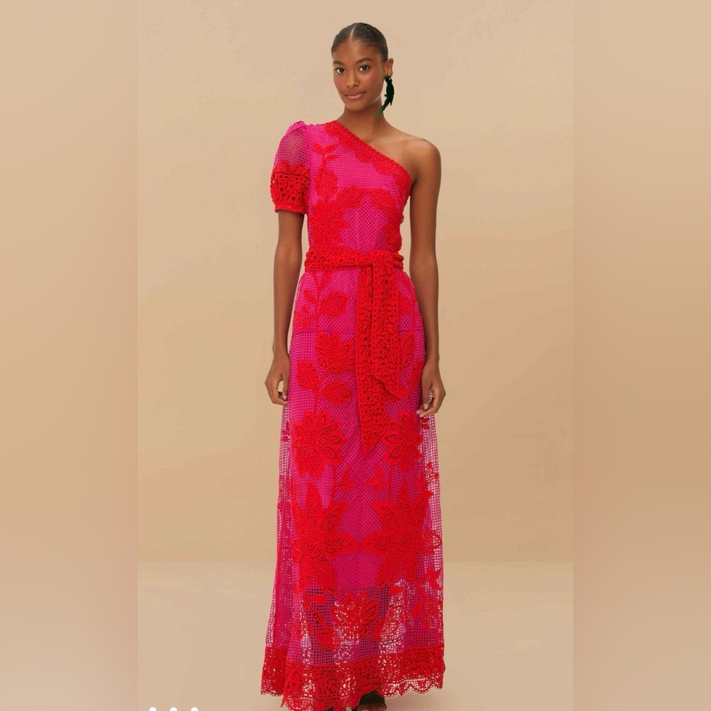 EUC Farm Rio Bicolor Guipure One-Shoulder Maxi Dress, Size M
